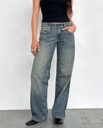 model wearing blueish-green low rise wide leg denim