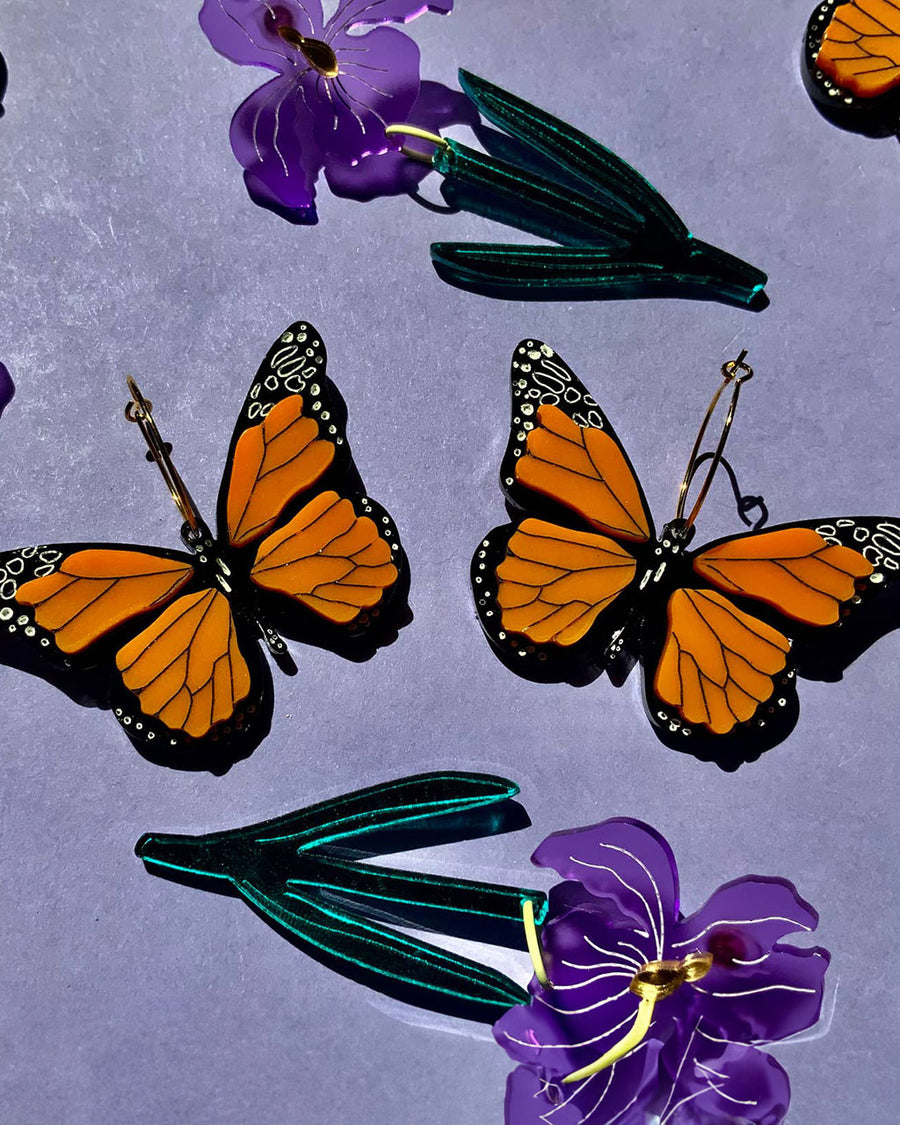 dangle monarch butterfly earrings and iris earrings