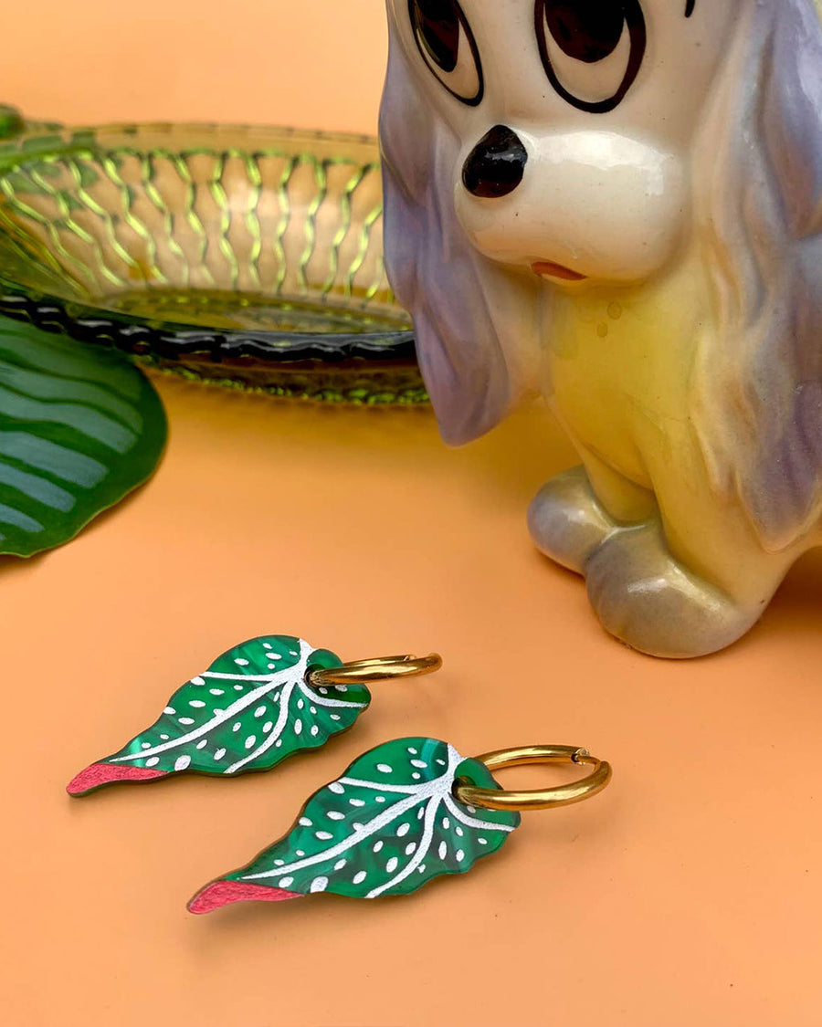 green begonia leaves earrings with gold hoops