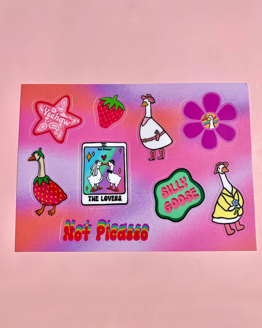 sticker sheet with various silly goose, floral, strawberry and yeehaw stickers