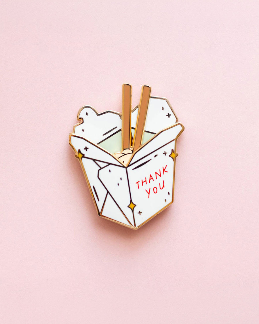 white take out box enamel pin with movable noodle piece