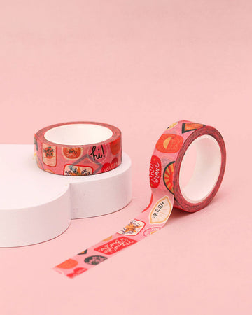 rolls of pink washi tape with cute abstract fruit stickers print