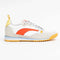 white sneakers with orange, yellow and blue retro accents