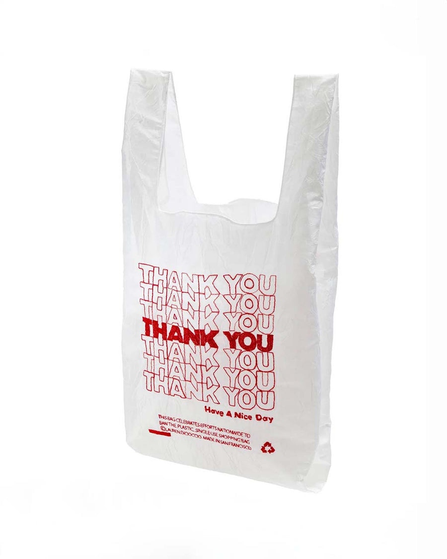 embroidered red thank you reusable bag