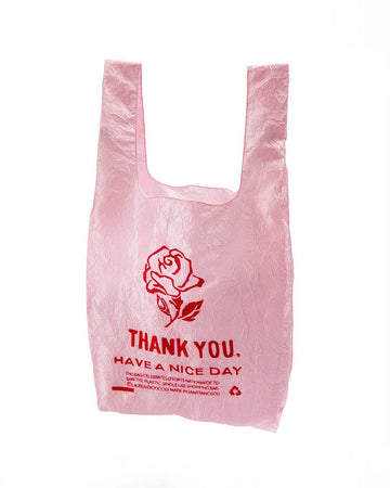 pink reusable bag with red rose thank you embroidery