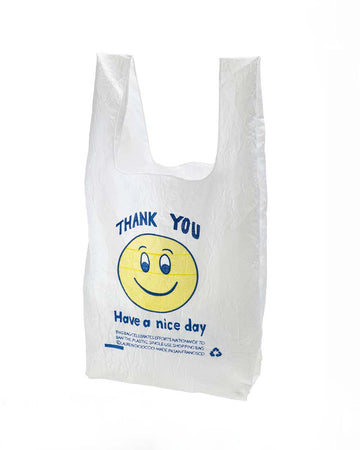 white reusable bag with smiley thank you embroidery