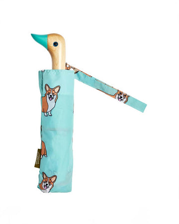 packaged mint duckhead umbrella with all over corgi print
