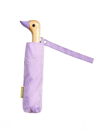 lilac compact umbrella with wooden duck head handle
