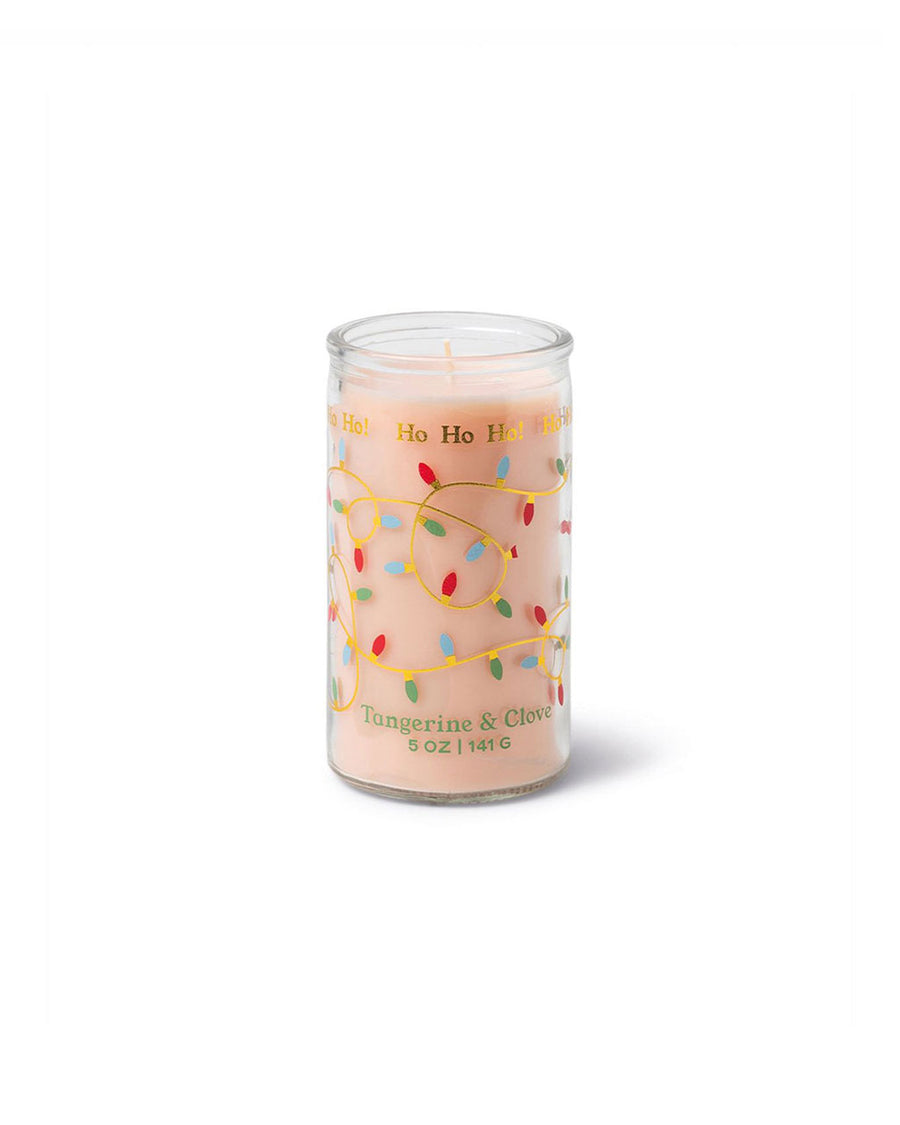 5 oz candle with christmas string lights and ho, ho, ho on the top in gold metallic
