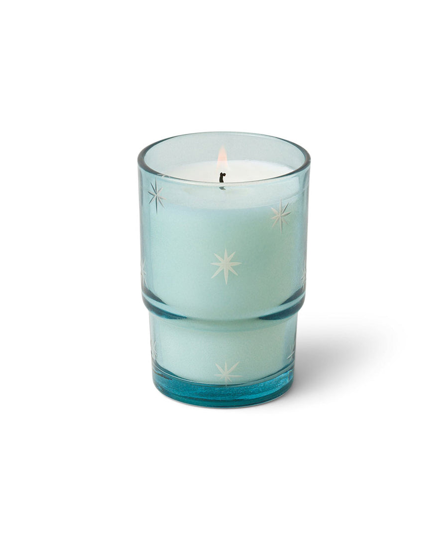 white woods and mint star glass candle