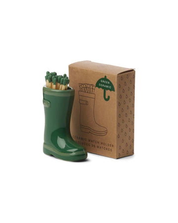 green ceramic rain boot match holder with 25 matches