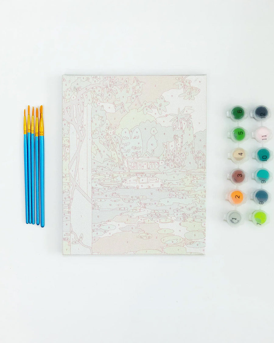 un-painted la foelia paint by numbers kit with pots of paint and 5 paintbrushes