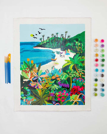 painted paint by numbers kit with colorful beach image, paint brushes and pots of paint
