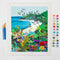 painted paint by numbers kit with colorful beach image, paint brushes and pots of paint