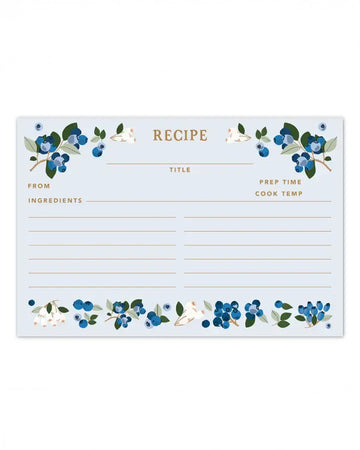 set of 50 blue recipe cards with a blueberry border