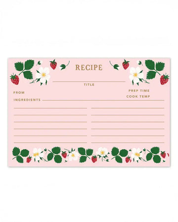 set of 50 pink recipe cards with a strawberry border