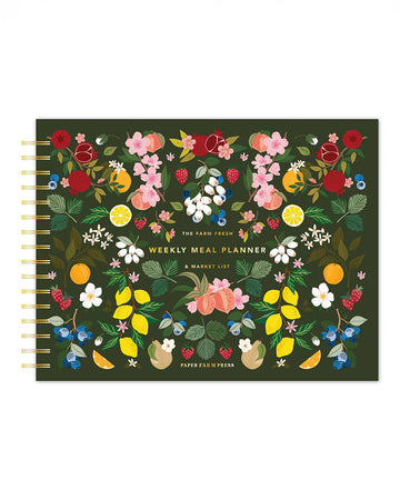 the farm fresh weekly meal planner & market list with colorful fruit and floral print cover