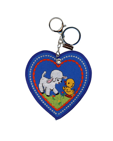blue heart shaped bag charm with lamb and duck print
