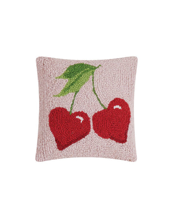 pink throw pillow with heart cherries design