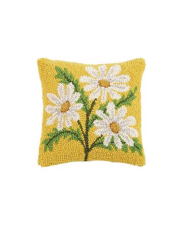 square throw pillow with yellow ground and daisy flowers throughout