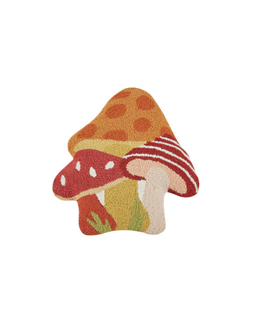 mushroom trio throw pillow with orange polka dot, red and white stripe and red and white mushrooms