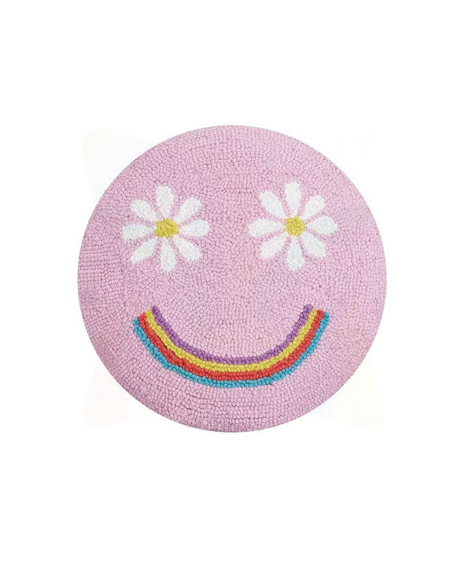 pink round smiley face pillow with flower eyes and rainbow smile