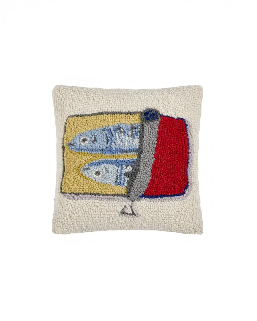 cream square throw pillow with two sardines in a red tin