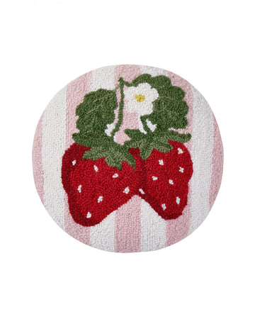 round hook throw pillow with pink and white vertical stripes and strawberries in the middle