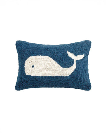 blue throw pillow with white whale print