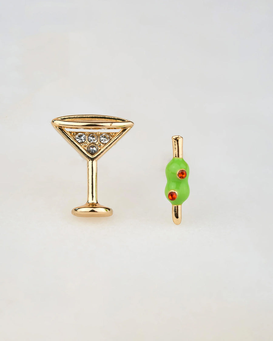 set of two stud earrings: martini glass and two olives on a skewer