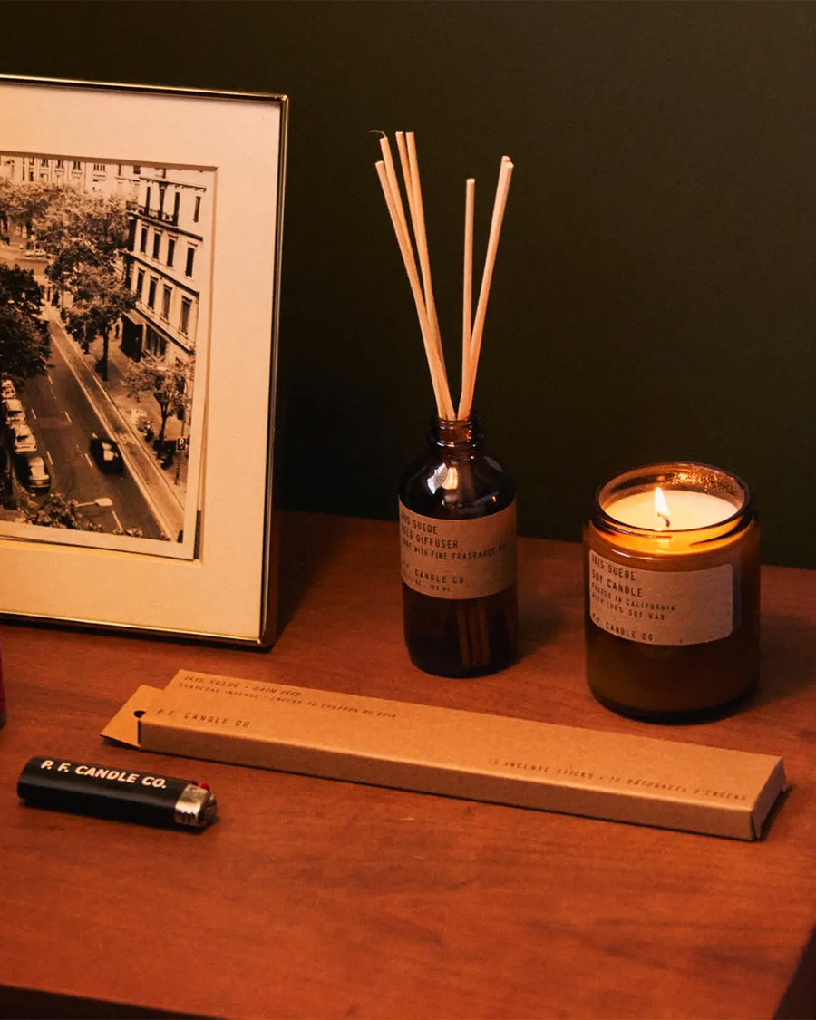 iris suede reed diffuser and matching incense and candle