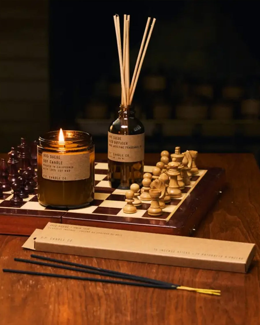 candle, incense and reed diffuser in iris suede