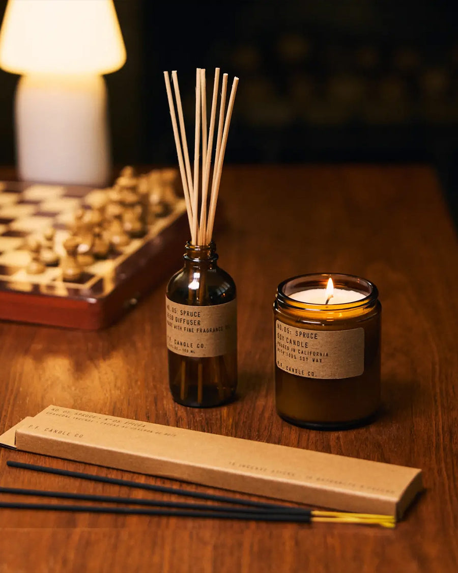 spruce scented reed diffuser, standard candle and incense
