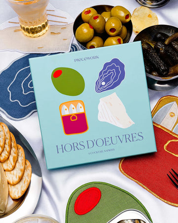 packaged set of 4 hors'doeuvres linen napkins: olive, oyster, sardines in a can and cheese