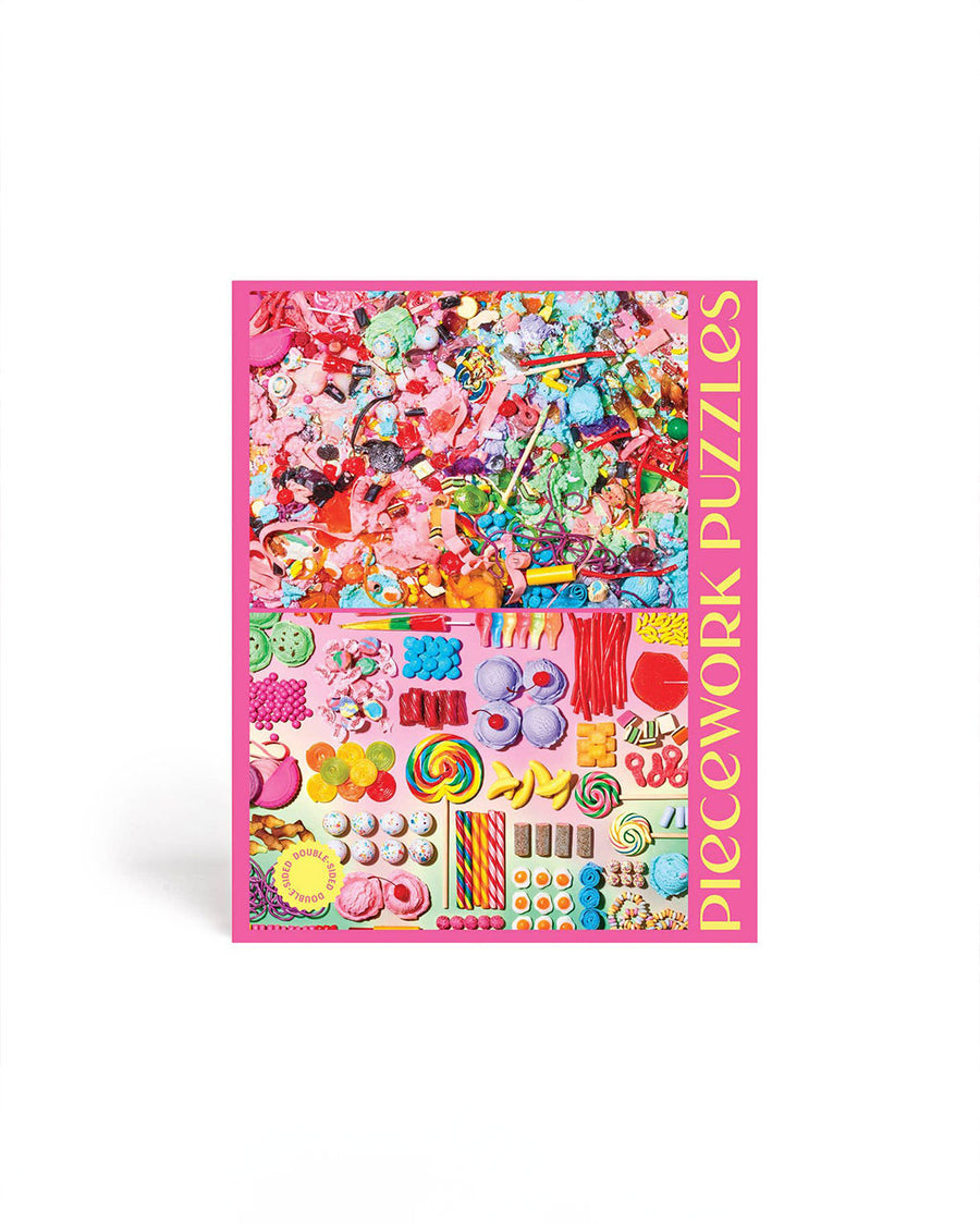 back of 1000 piece double sided puzzles with various sweets on each side