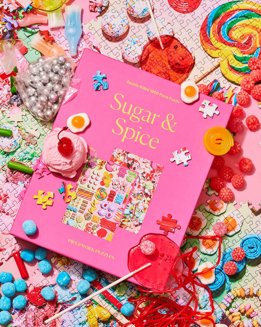 1000 piece double sided puzzles with various sweets on each side