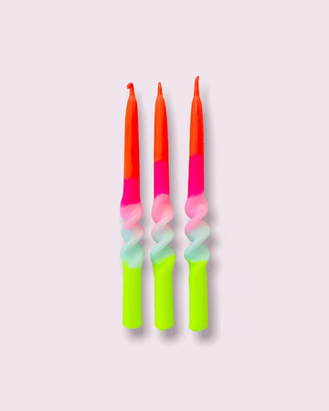 red, pink, light blue and neon green twisted candle set of 3