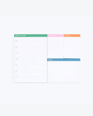 notepad with weekly plan, checklists, notes and ideas