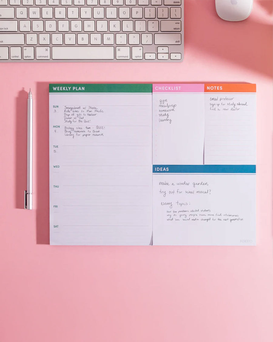notepad with weekly plan, checklists, notes and ideas