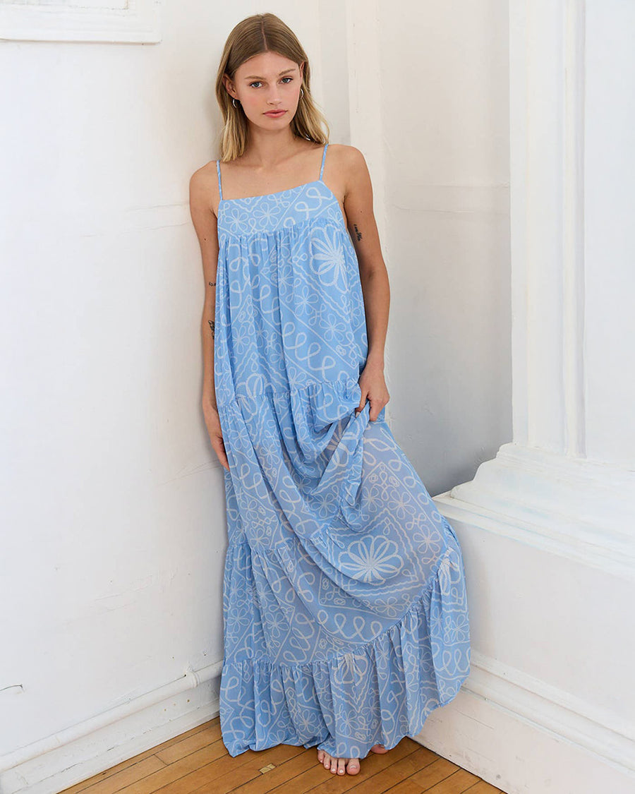 RAISONNEL - Floral Tiered Summer Long Dress - Light Blue