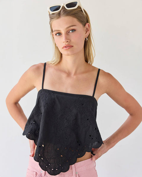 Scallop Eyelet Tie Back Cami Top - Black – ban.do