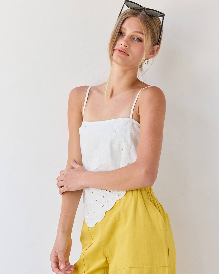 Scallop Eyelet Tie Back Cami Top - White – ban.do