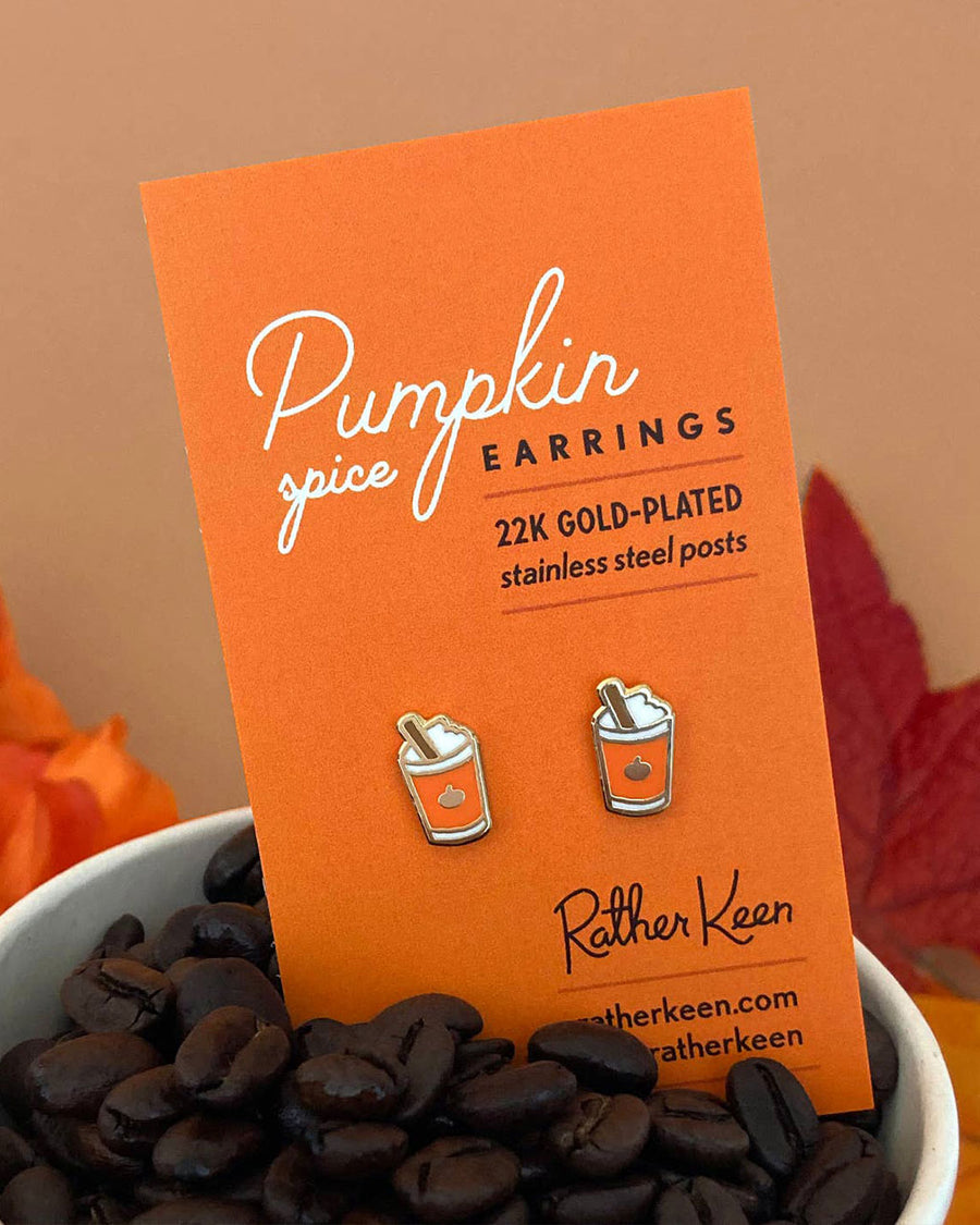 dainty pumpkin spice latte stud earrings on cardstock