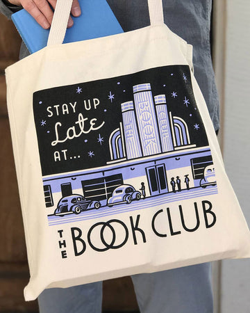 old school club tote bag with 'stay up late at the book club' across the front
