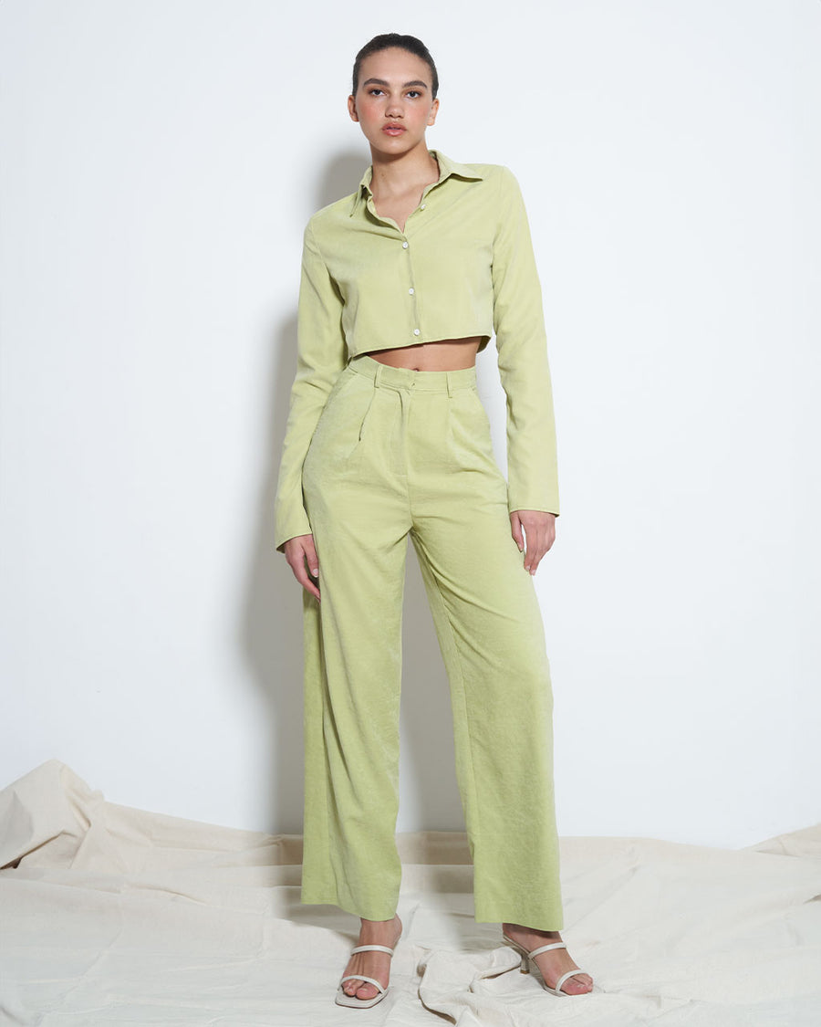 model wearing light green suede trousers with pleated top and tapered legs with matching top
