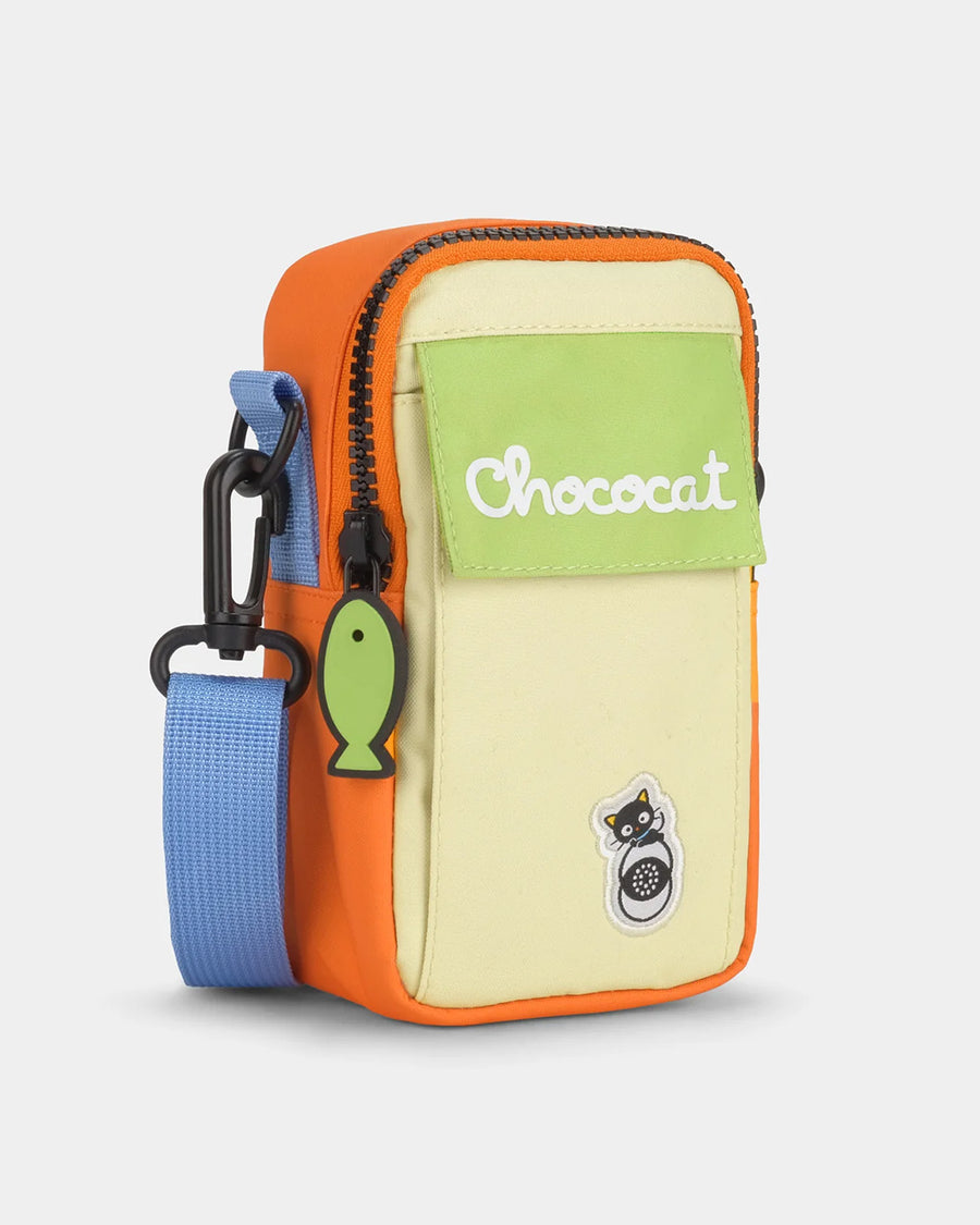 lavender, orange and green color block 35mm camera bag with chococat design