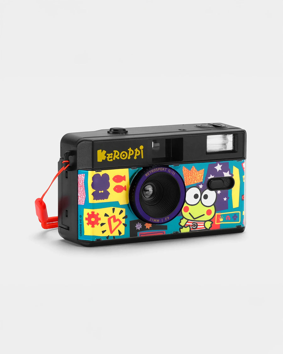 side view of colorful keroppi 35mm camera