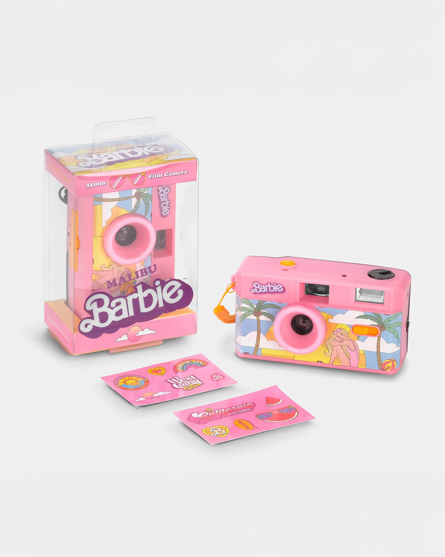 packaged pink 35mm camera with retro malibu barbie print with stickers