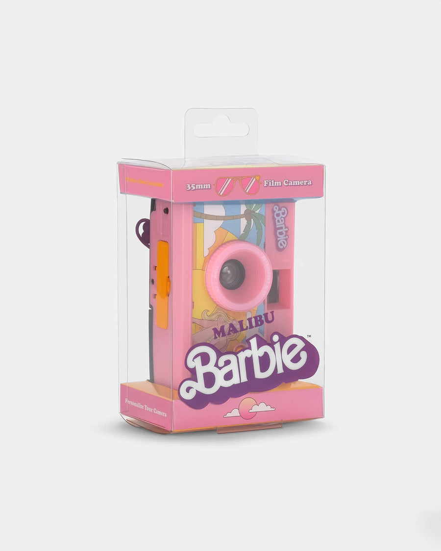 packaged pink 35mm camera with retro malibu barbie print