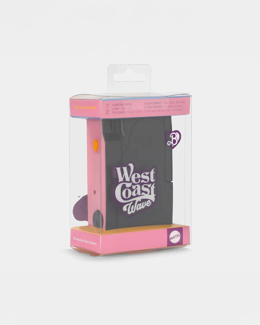 back view of packaged pink 35mm camera with retro malibu barbie print